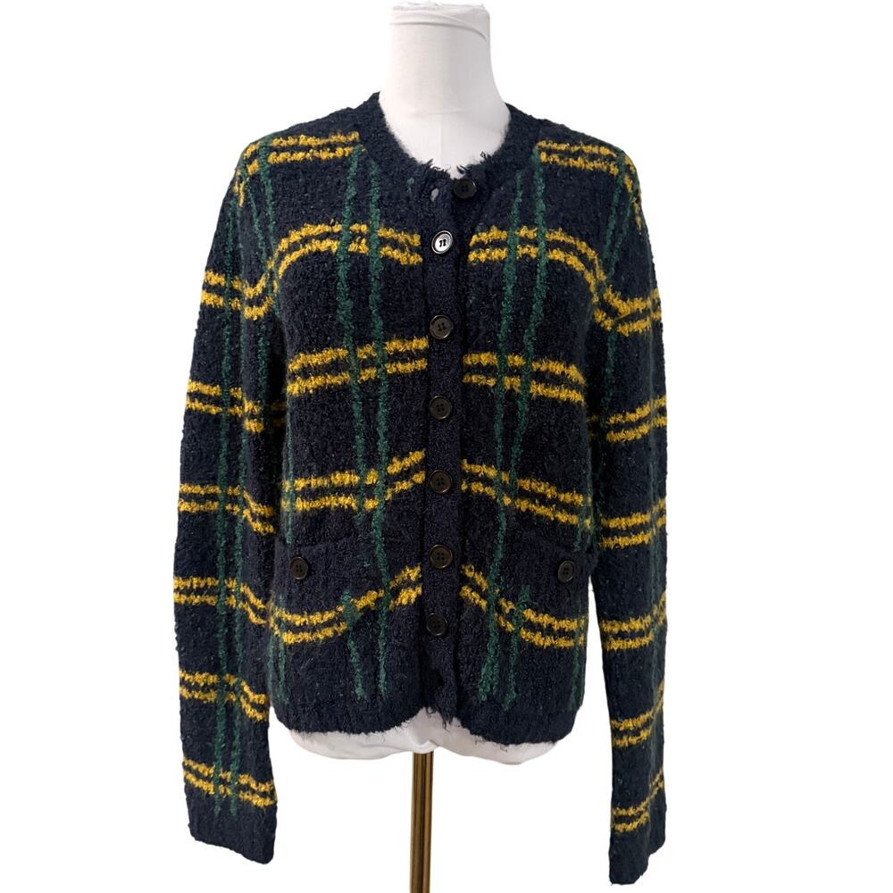 ModCloth Plaid Boucle Cardigan Wool Mohair Blend Button Front Sweater Preppy M